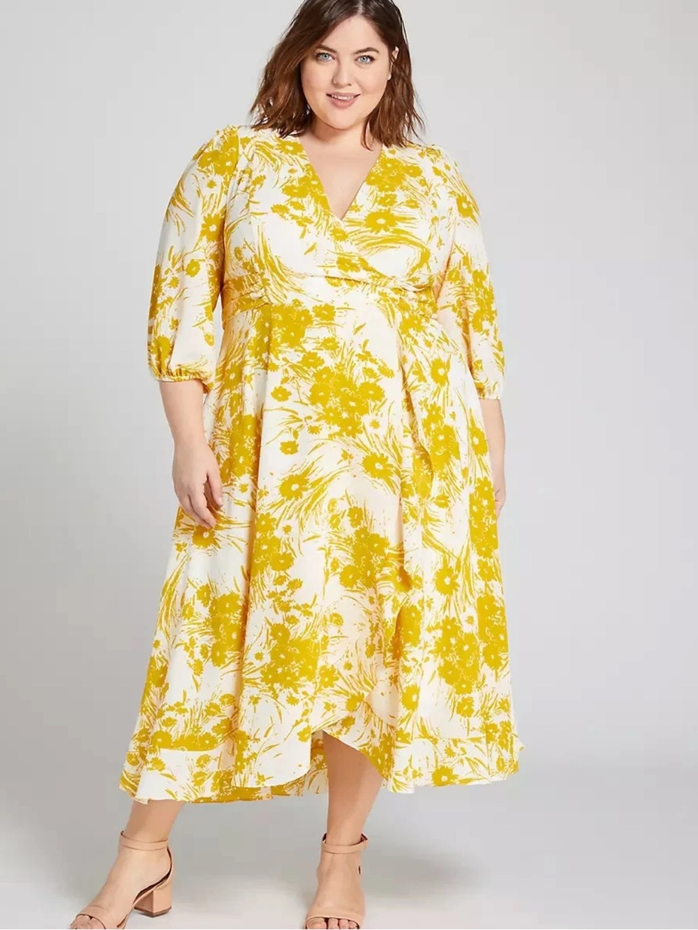 NEW! Lane Bryant Floral Crossover Yellow and White Midi Dress Tie Waist Size 26